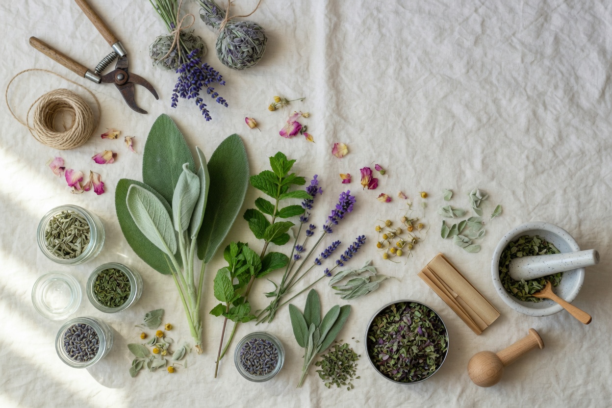 Overhead still life of fresh and dried mullein, mint, lavender, and complementary smoking herbs